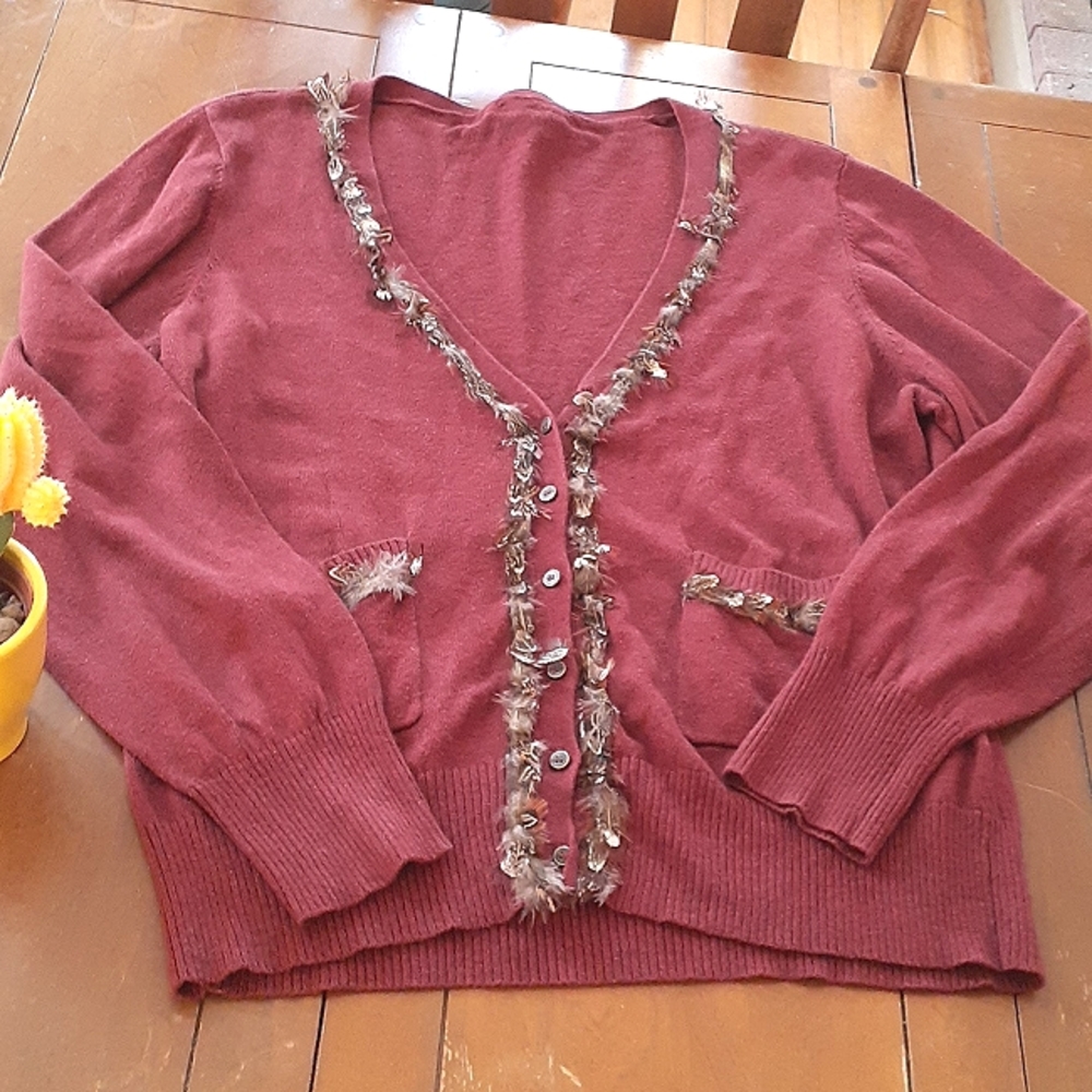 Calvin Klein,XL,Burgundy Feather Trim Angora Blend Button Up Sweater